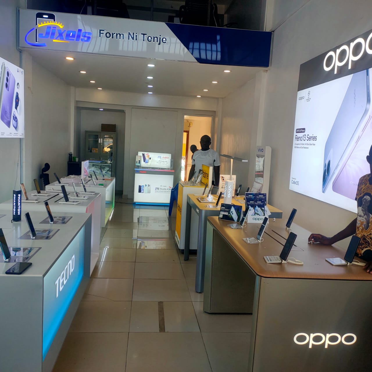 Jixels Technologies phone showroom with OPPO and Tecno displays